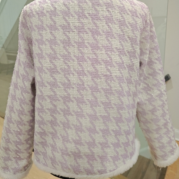 Tweed Blazer White Lilac Faux-Fur Trim Jacket - Picture 8 of 9